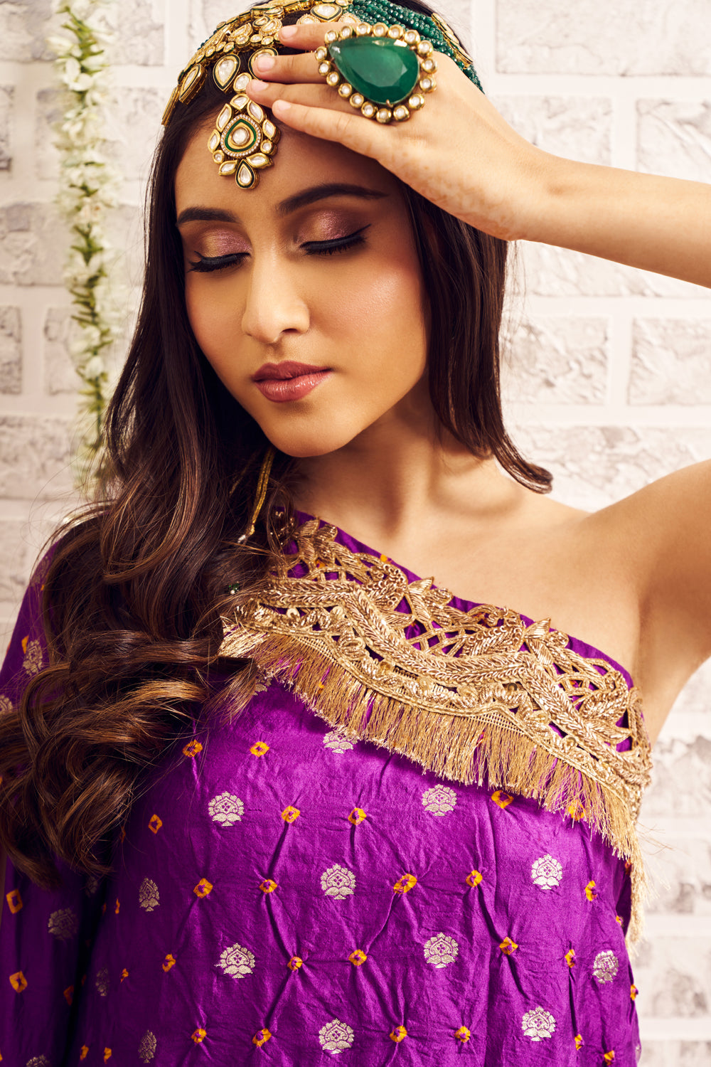 Shagna Khayal Purple Bandhani Textured Kaftan with Pants