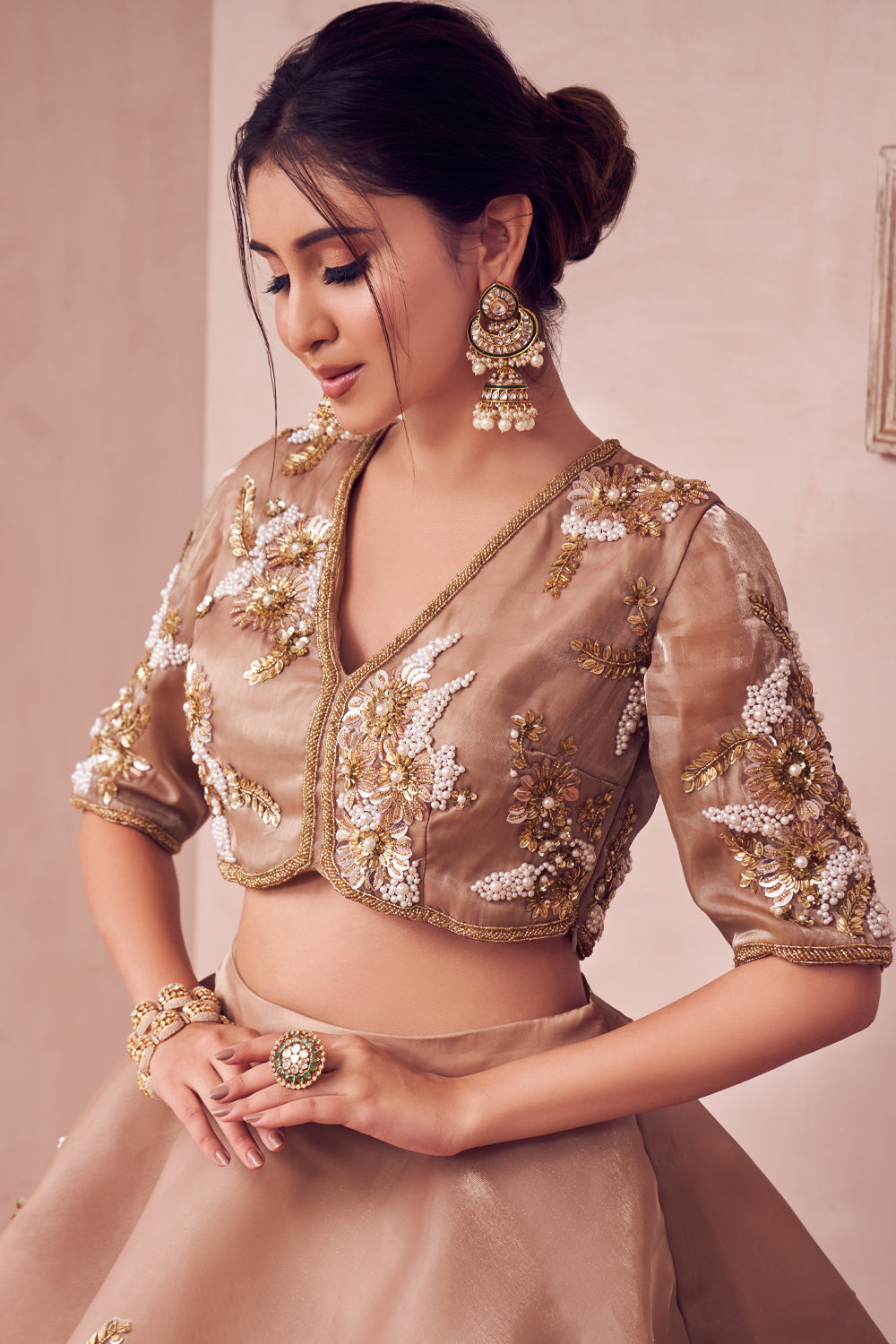 Glass Gold Radiance Glass Organza Lining Shantoon Embroidery Lehenga Set