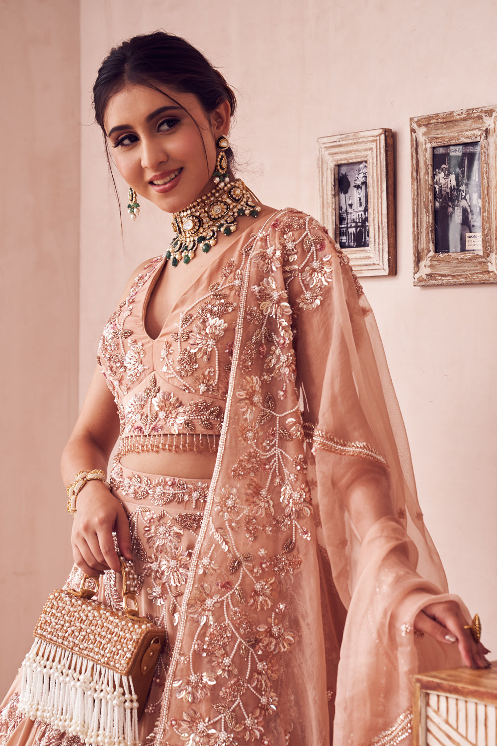 Gold Haze Rose Gold Organza Embroidery Sequin V Neck Haze Fleur Bridal Lehenga Set