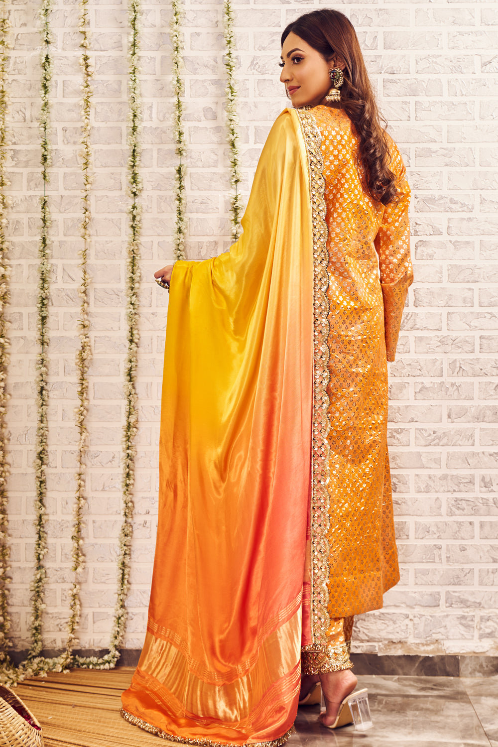 Shagna Sitaare Yellow Banarasi Kurti and Pants with Chanderi Dupatta Set