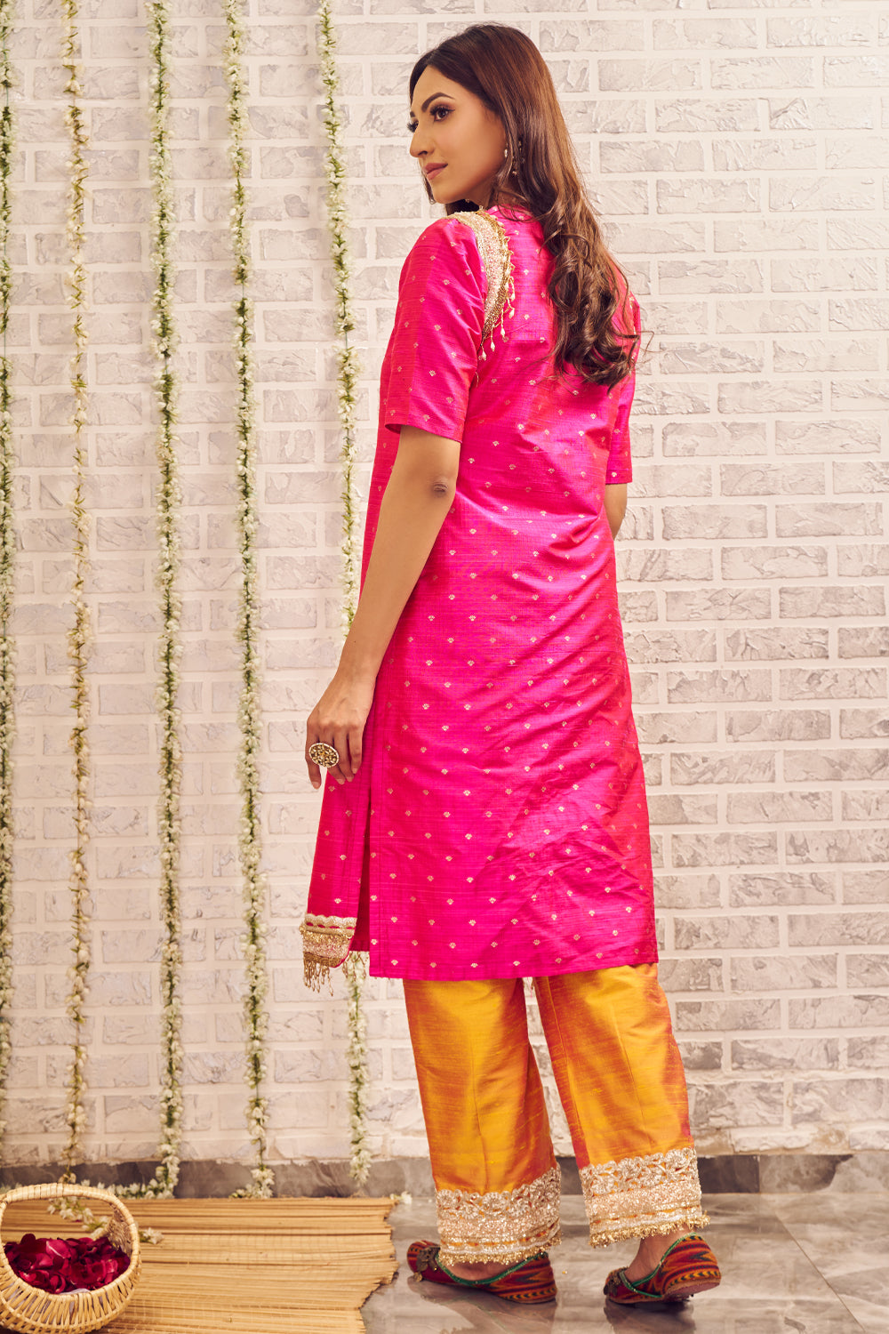 Shagna Suramya Pink Yellow Banarasi Kurti with Pants Set