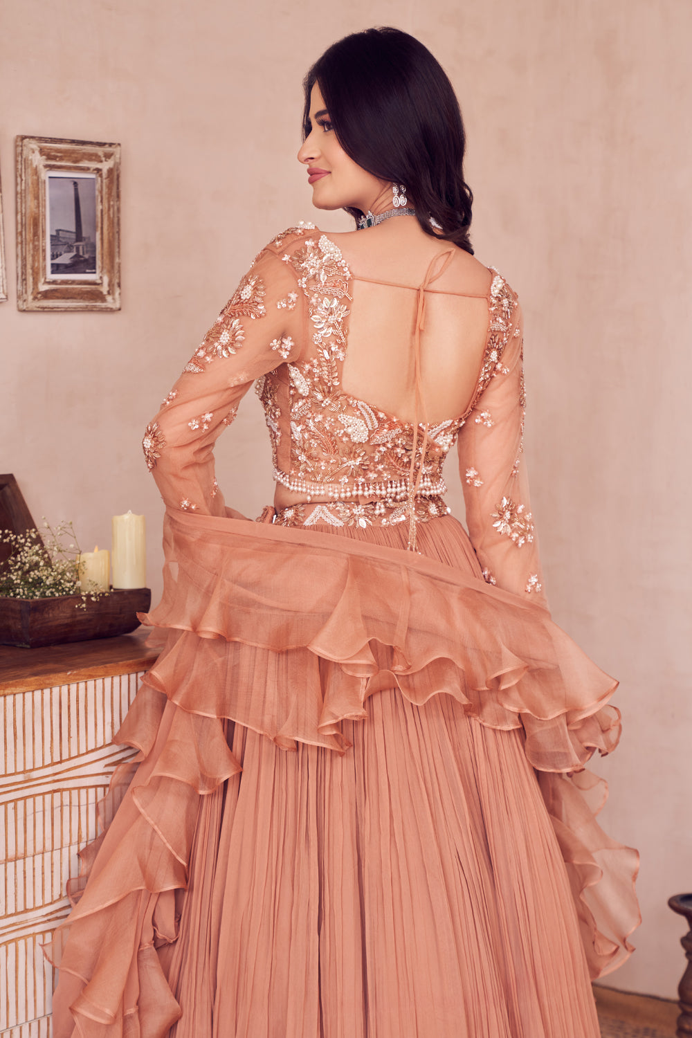 Rosewood Radiance Rose Gold Net Embellished Pearl Sweetheart Waist Lehenga Set