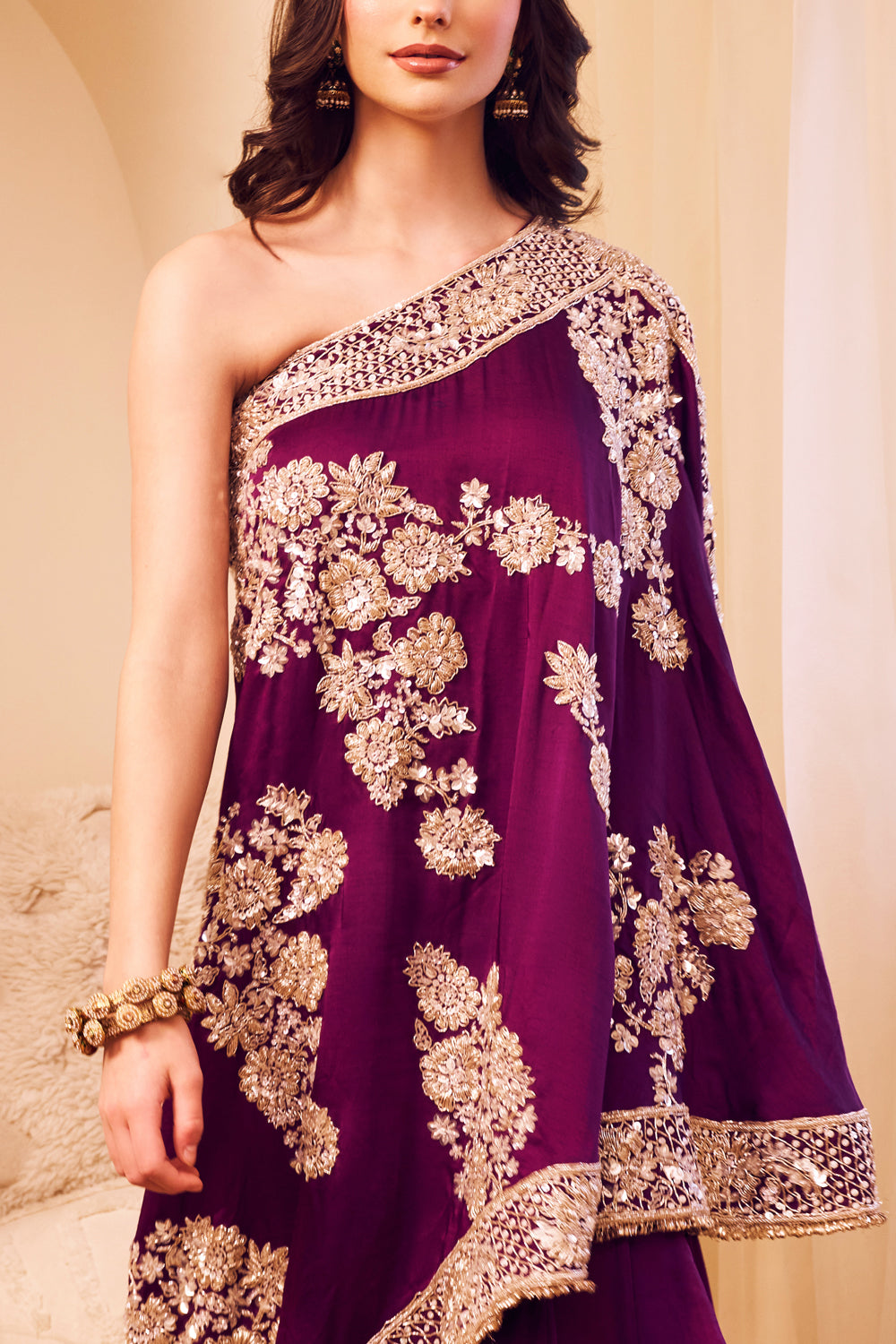 Swarna Purple Satin Silk Lining Shantoon Embroidery Rooh Bahar Kaftan With Sharara