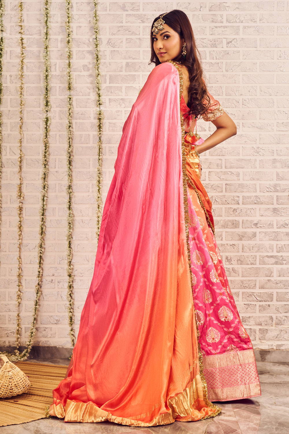 Shagna Moh Pink Orange Banarasi Skirt and Blouse with Dupatta Set