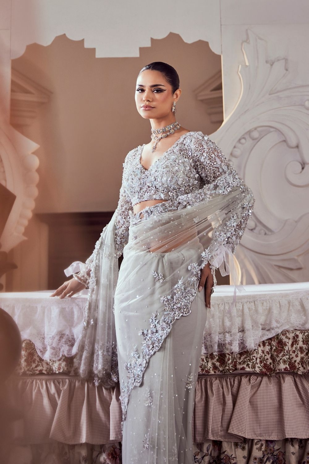 Aurelia Powder Blue 3D Stone Embellished Net Saree Set with Sweet-V Neckline