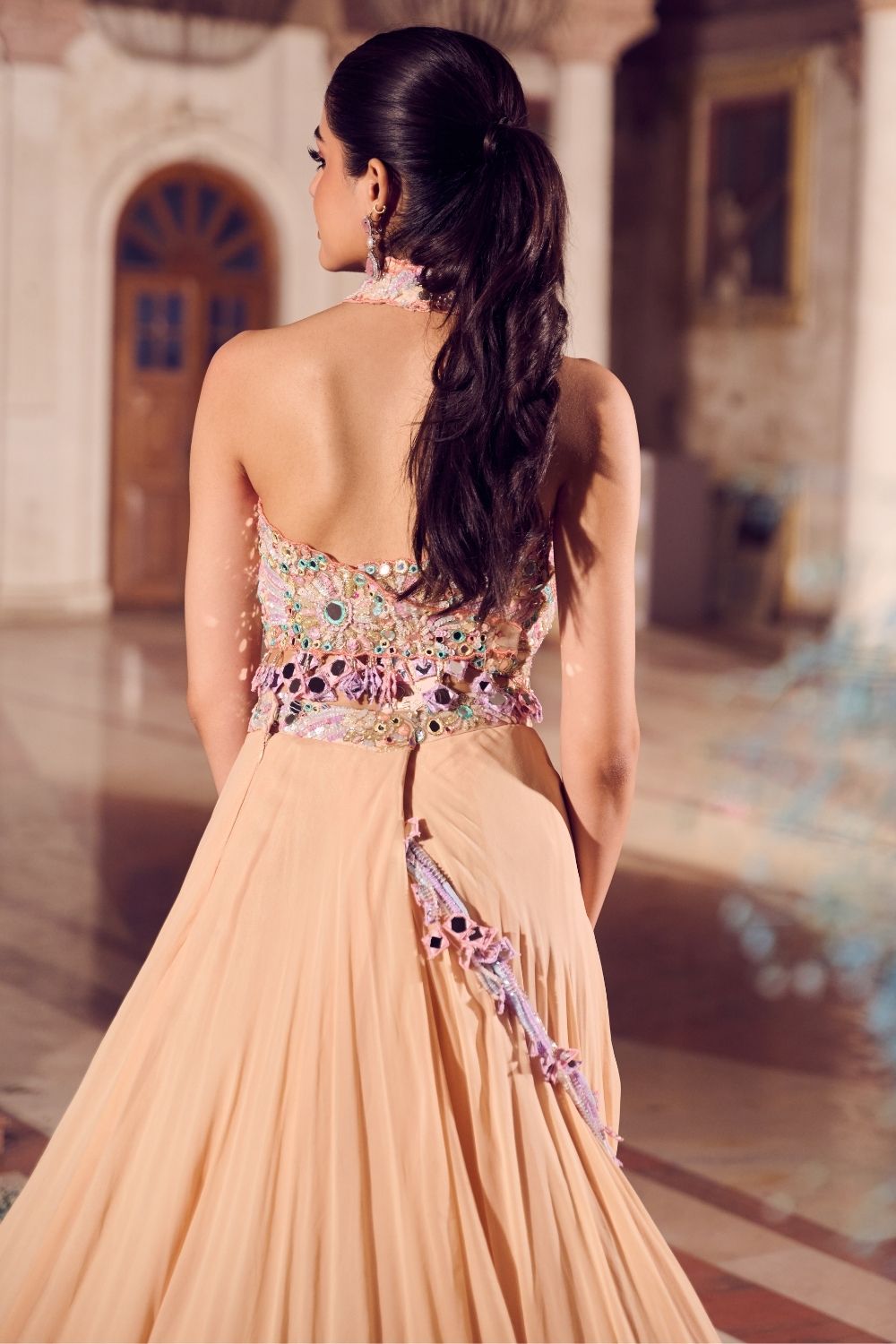 Nafisa Cream Mirrorwork Skirt with Halter Neck Blouse