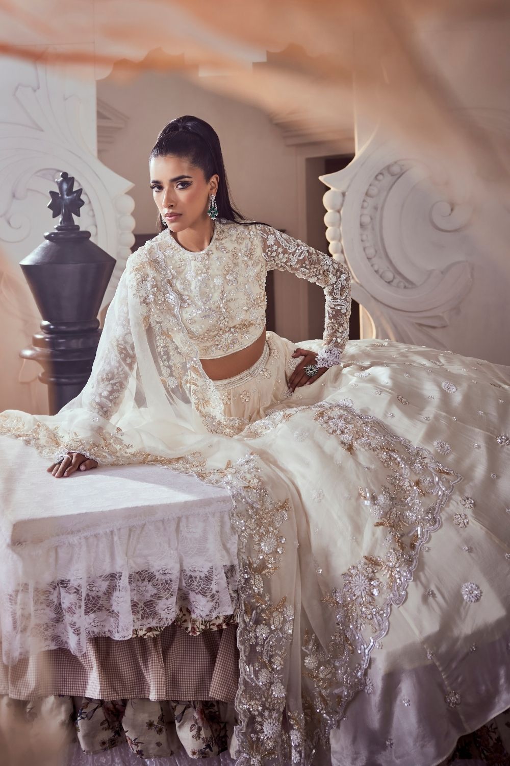 Cordelia Ivory Pearl Embellished Crepe and Net Lehenga Set with Zero Neckline
