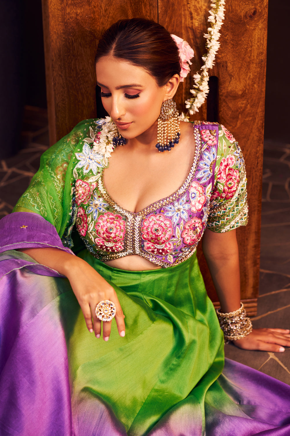 Nandini Purple Chanderi Embroidered Thread Floral Cut-Out Anarkali With Dupatta