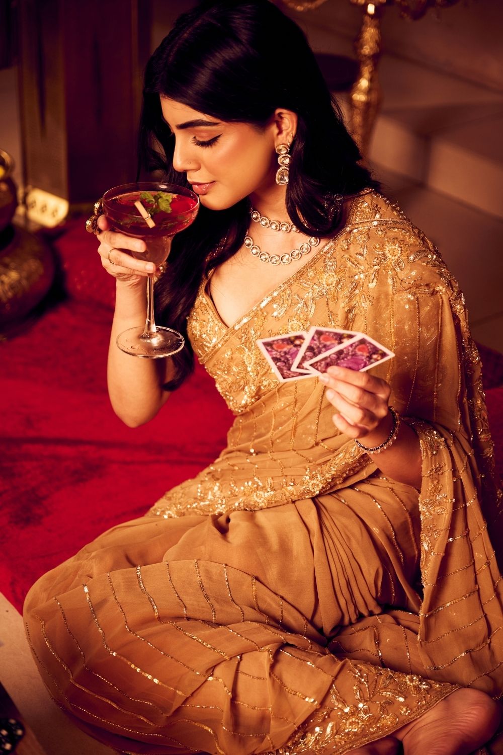 Golden Sunset Gold Georgette Embellished Cutdana Drape Saree with Blouse