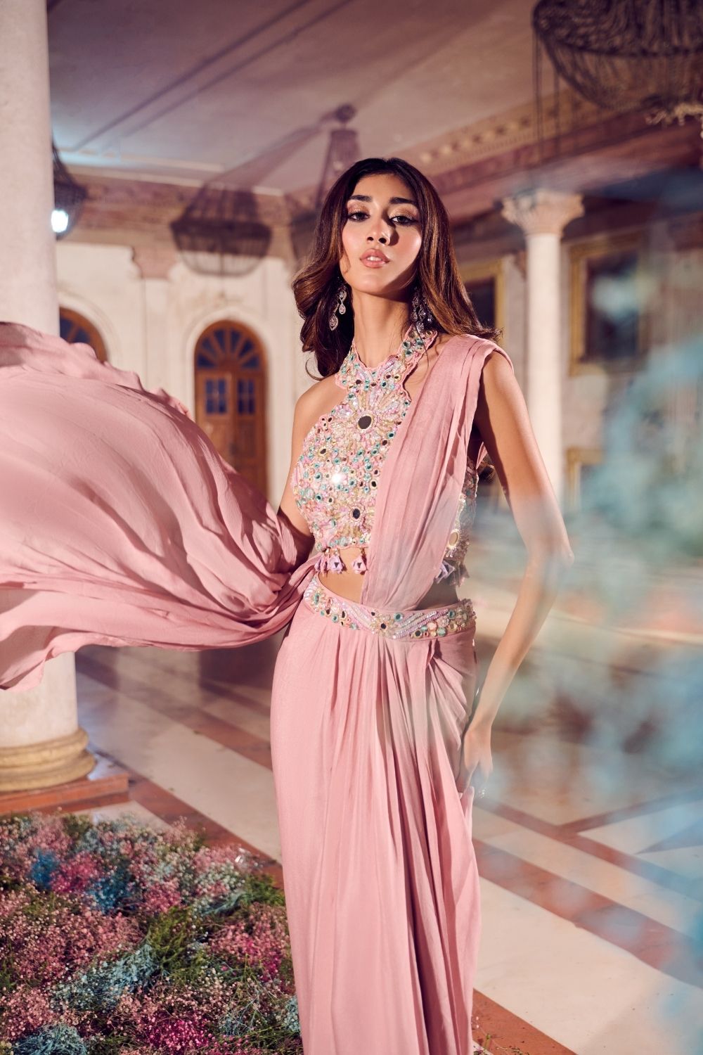 Rosa Rose Gold Mirrorwork Draped Skirt with Bustier