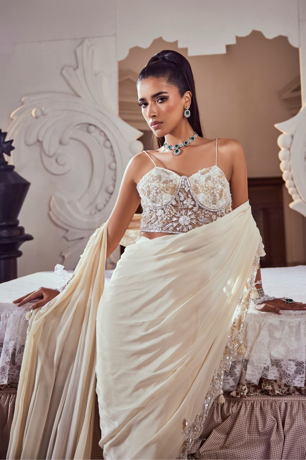Edith Ivory Pearl Embellished Crepe and Net Saree Set with Corset Blouse