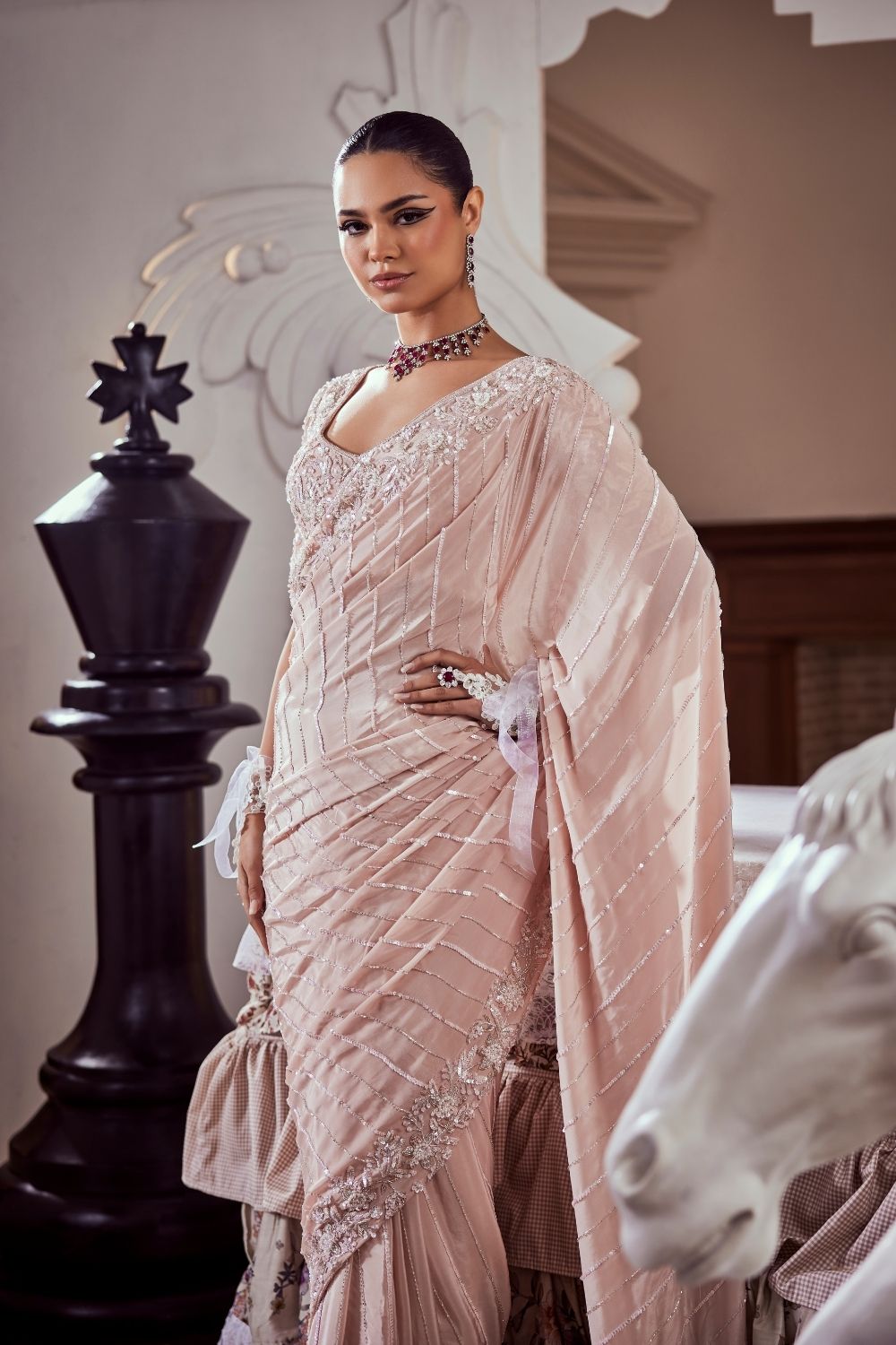Millicent Blush Pink Hand Embellished Georgette and Net Saree Set with Sweetheart Neckline