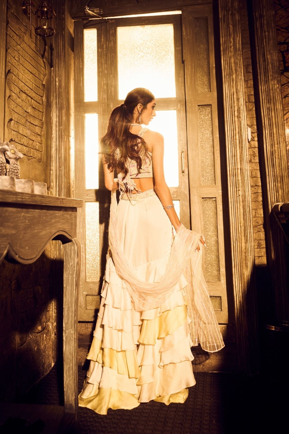 Carina Green Ivory Ombre Embellished V-neck Satin Organza Net Ruffle Gown with Drape