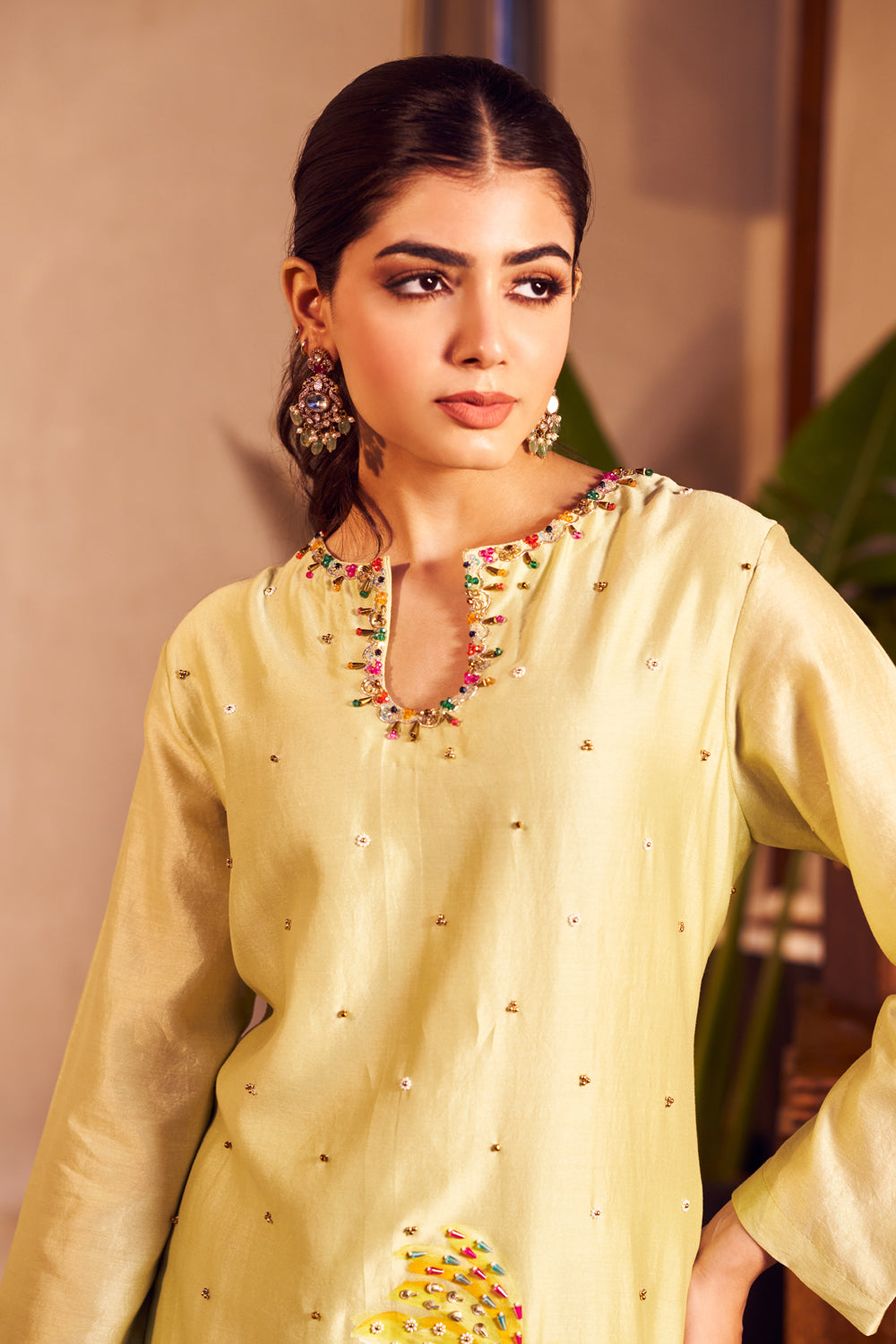 Lali Yellow Chanderi Embellished Sequin Floral Handpainted Kurta With Pant