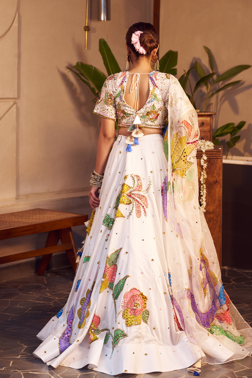 Rukmini Ivory Kora Organza Embellished & Painted Lehenga Set