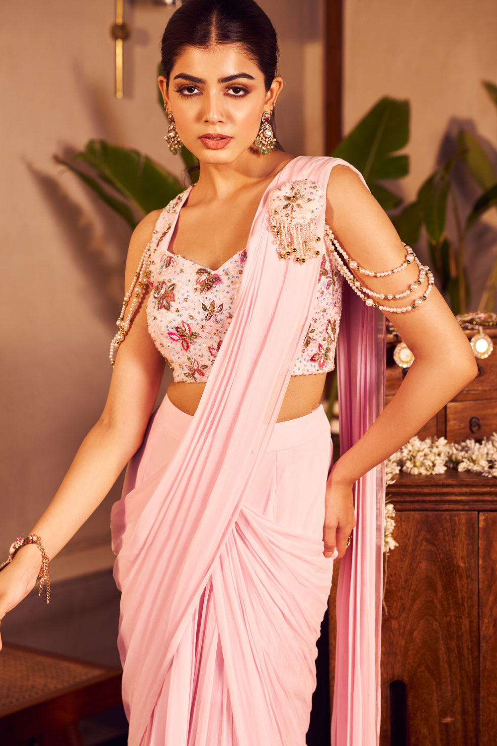 Mahi Pink Crepe Embellished Sequin Layered Pre-Draped Saree With Blouse