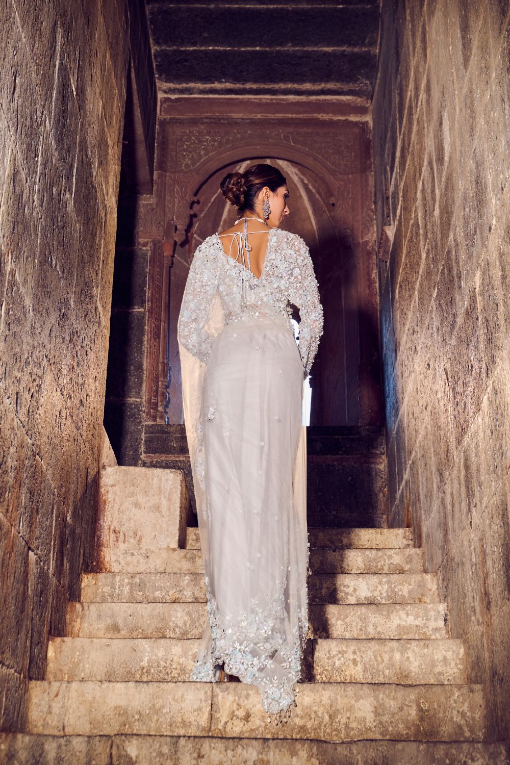 Lunaire Powder Blue Embellished Net Saree and V-neck Blouse