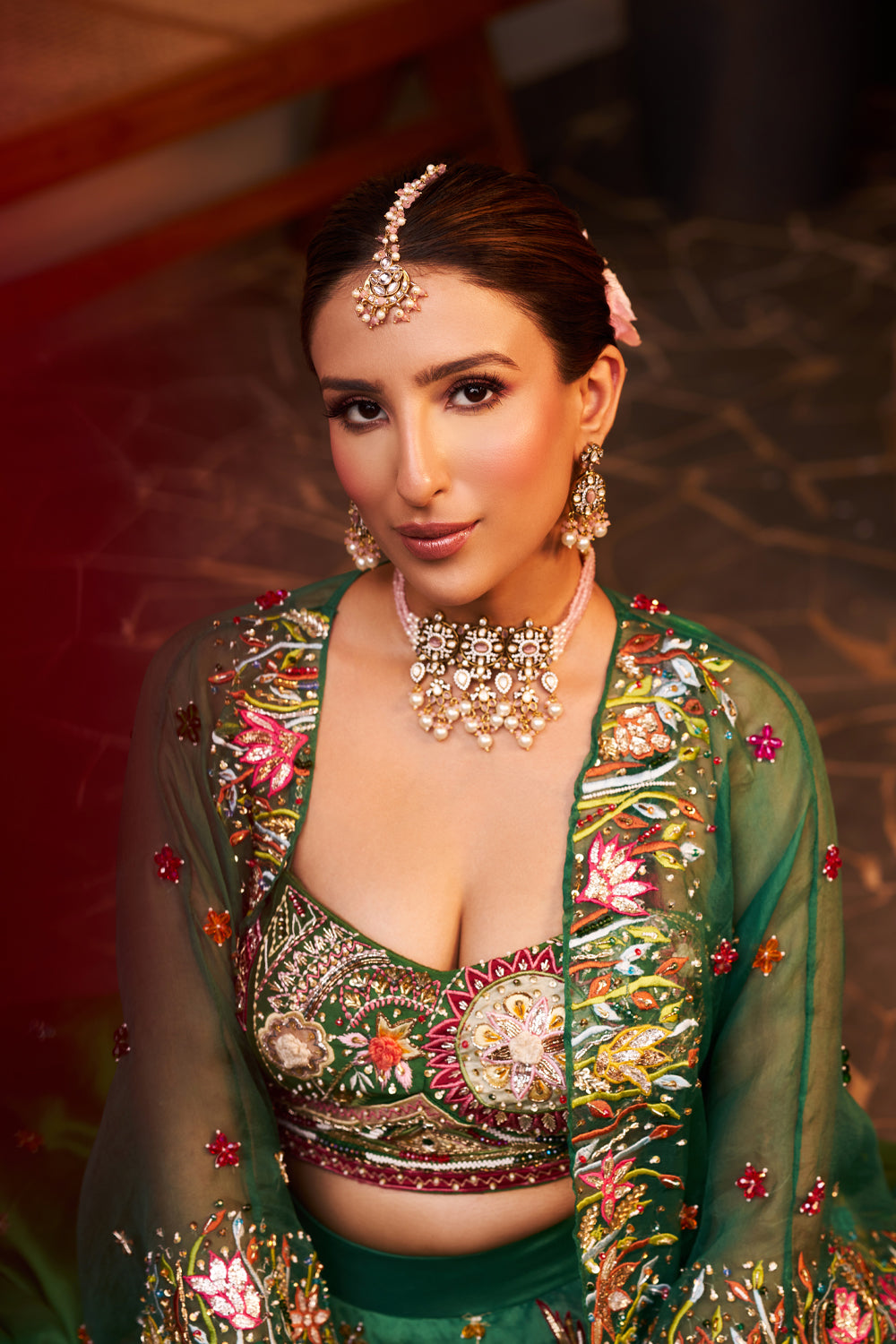 Urvashi Green Kora Organza Embellished & Embroidered Lehenga Set