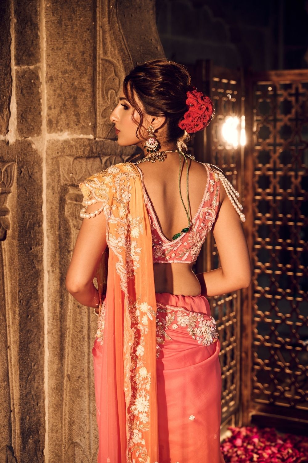 Zainab Orange Yellow Viscose Organza Lining Shantoon Floral Saree With Blouse