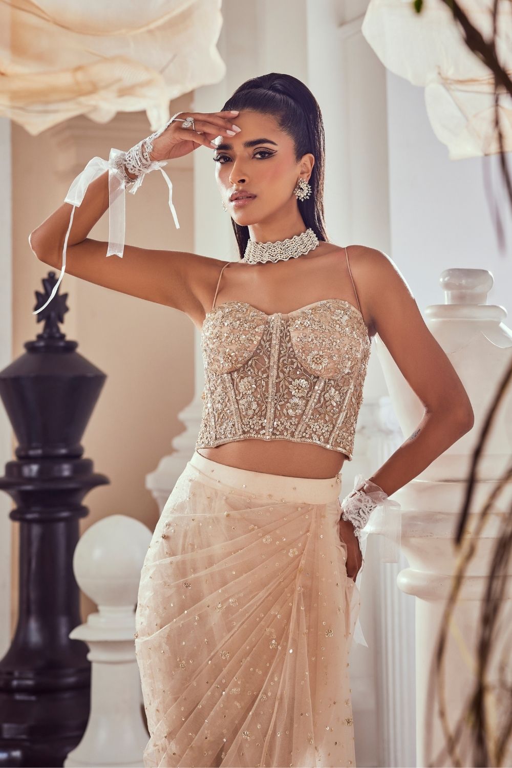 Adelina Blush Pink Hand Embellished Net Corset and Drape Set