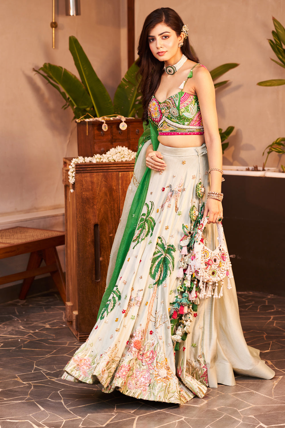 Mumtaaz Green Kora Organza Embellished & Embroidered Lehenga Set