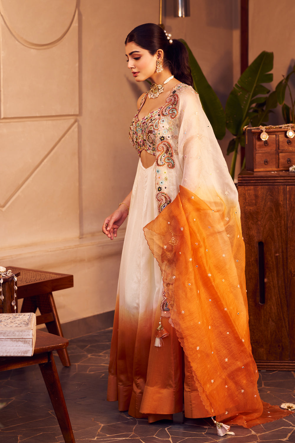 Indira Yellow Kora Organza Paisley Embroidered Cutwork Anarkali With Dupatta