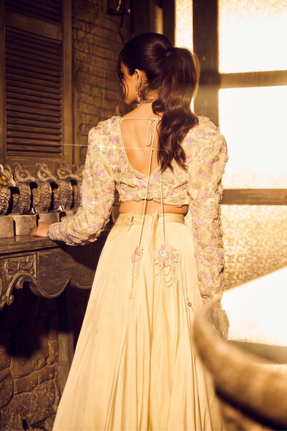 Ara Green Ivory Ombre Embellished V-neck Satin Organza Net Skirt with Crop Top