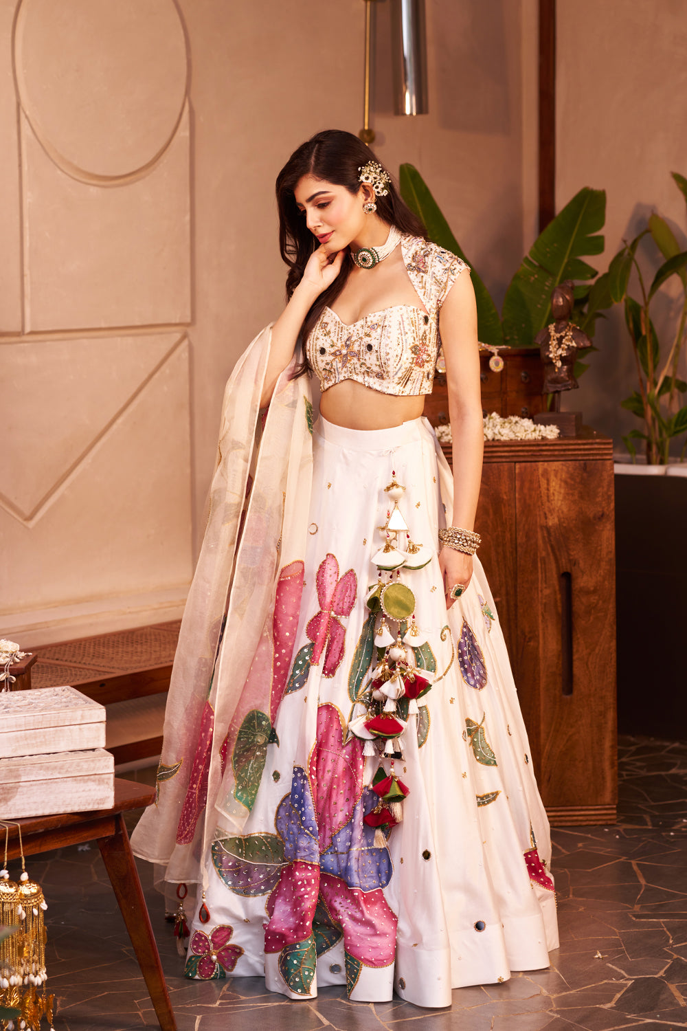 Nargis Ivory Kora Organza Floral Embellishment & Embroidered Lehenga Set