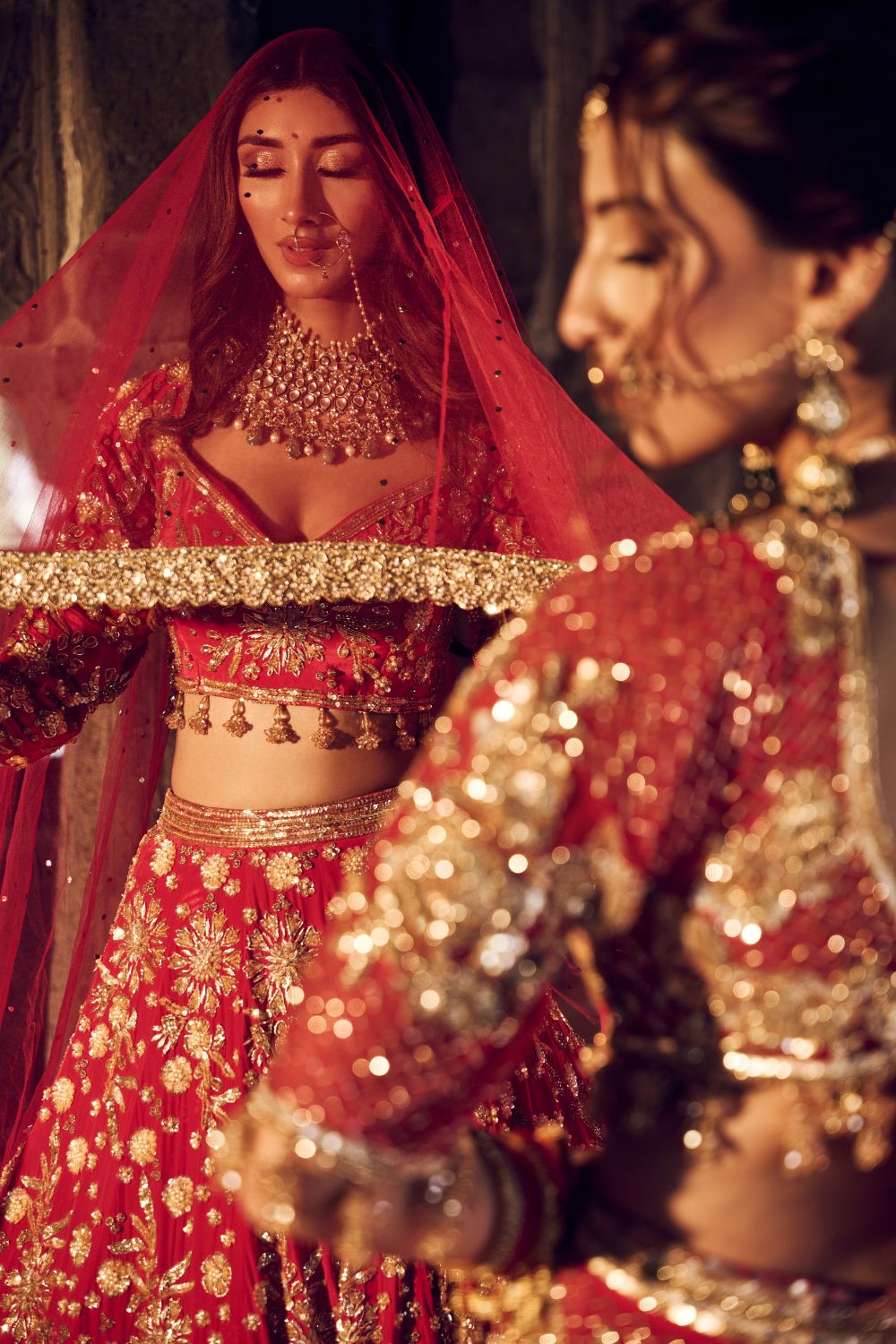 Mariam Deep Red Crepe Kora Organza Lining Shantoon Bridal Lehenga Set