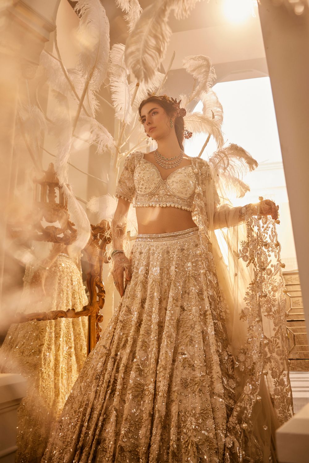 Aphrodite Ivory Embellished Crepe Lehenga and Sweetheart Neck Blouse and Dupatta