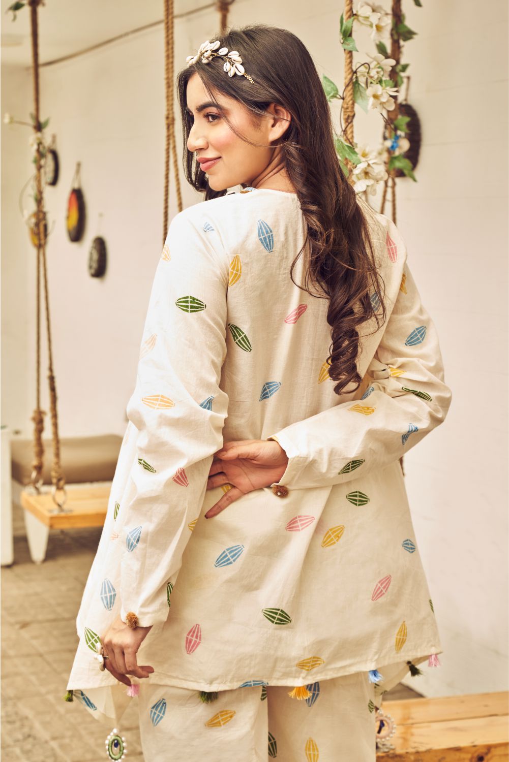 Boho White Printed Short Kurti And Pant Set (8007391740150)