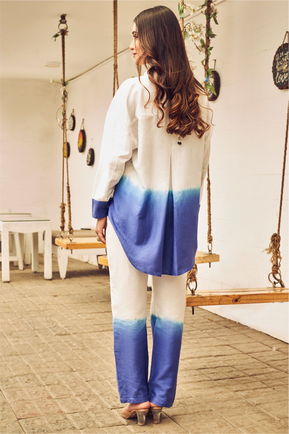 Boho White And Blue Ombre Oversized Shirt With Pants (8007390200054)