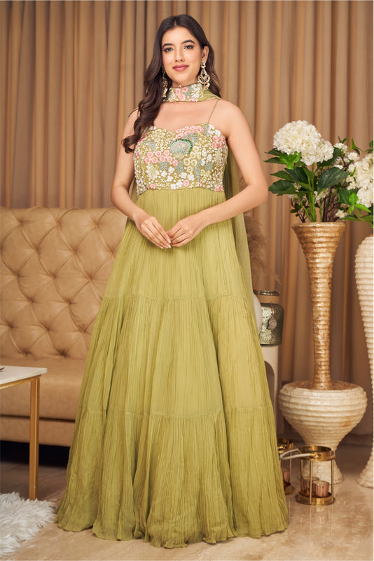 Green Gown In Georgette With Tiered Flare And Floral Embroidery On The Bodice (7954976637174)