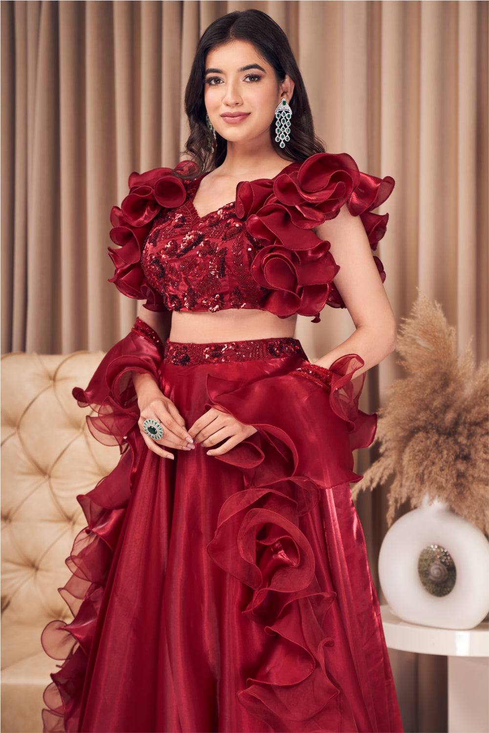 Maroon Embellished Lehenga Set With Ruffle Dupatta (7970596094198)
