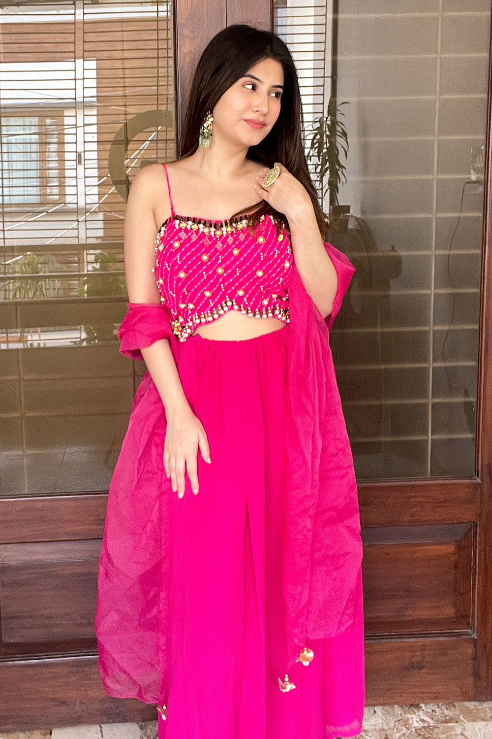 HOT PINK SWEETHEART NECK EMBELLISHED LEHENGA SET (7609991004406)
