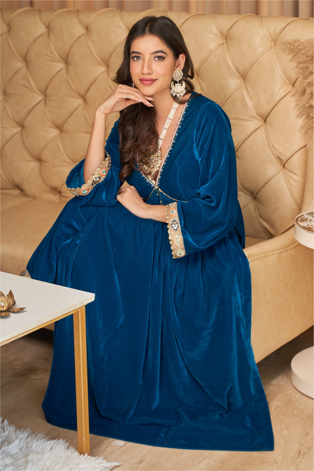 Teal Blue Velvet Straight Fit Kurti with Pants (7954965201142)