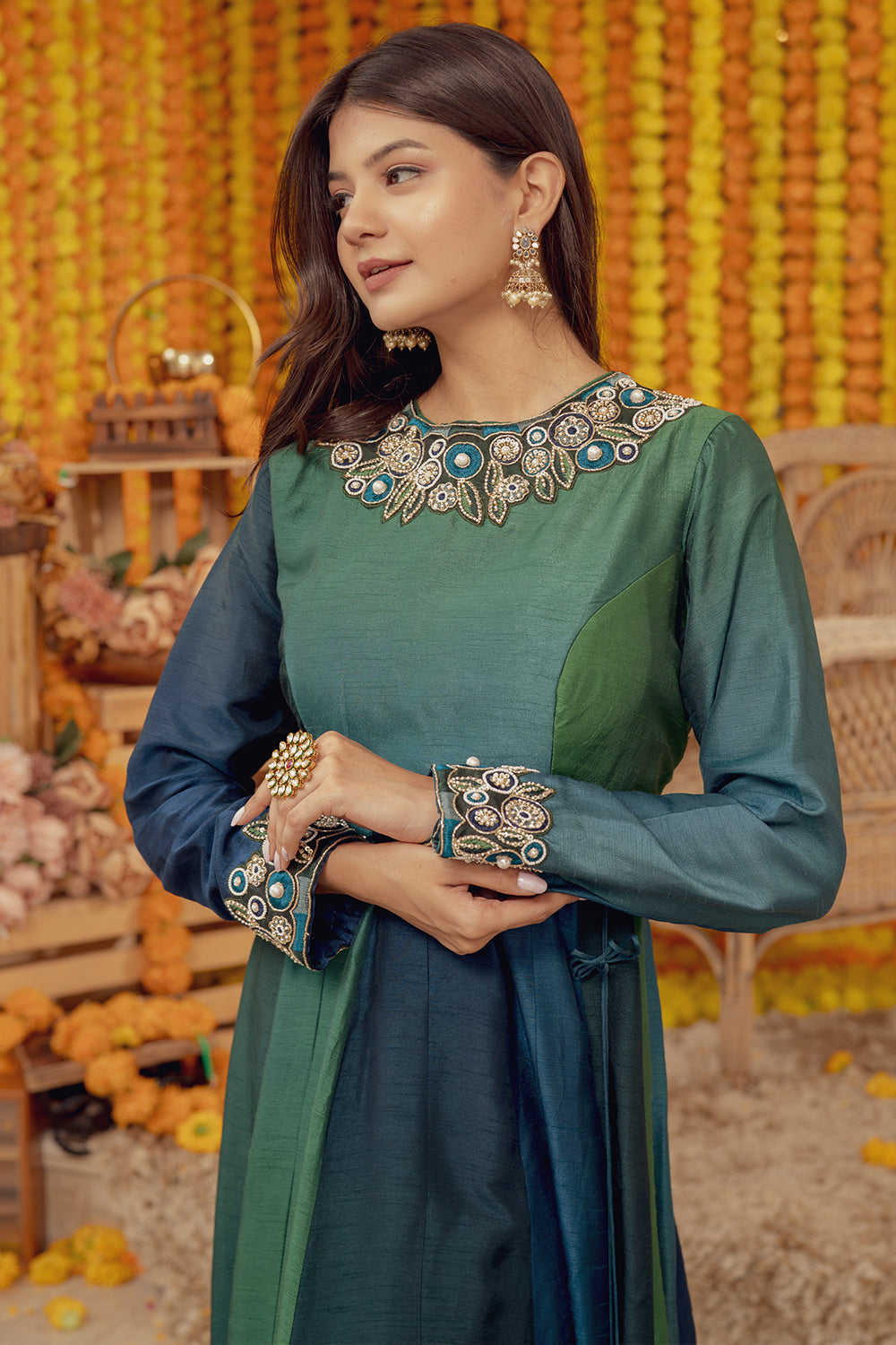 GREEN OMBRE EMBELLISHED FIT AND FLARE DRESS WITH TASSELS (7758598373622)