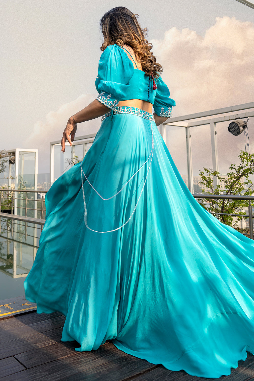 SKY BLUE PUFF SLEEVE EMBELLISHED LEHENGA SET (7555430383862)