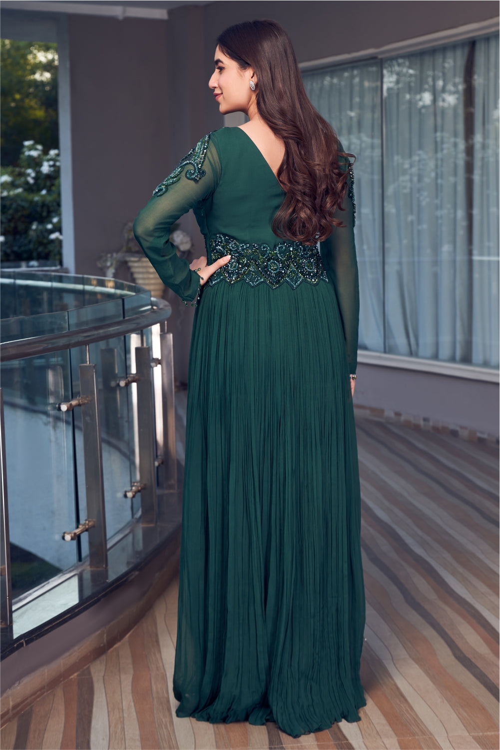 Bottle Green Anarkali With Embellishment (7962178912502)