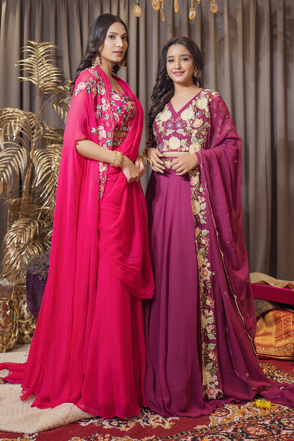 HOT PINK THREAD WORK CAPE LEHENGA SET (6987841634487)