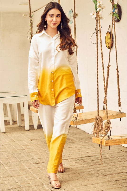 Boho White And Yellow Ombre Oversized Shirt With Pants (8007390363894)