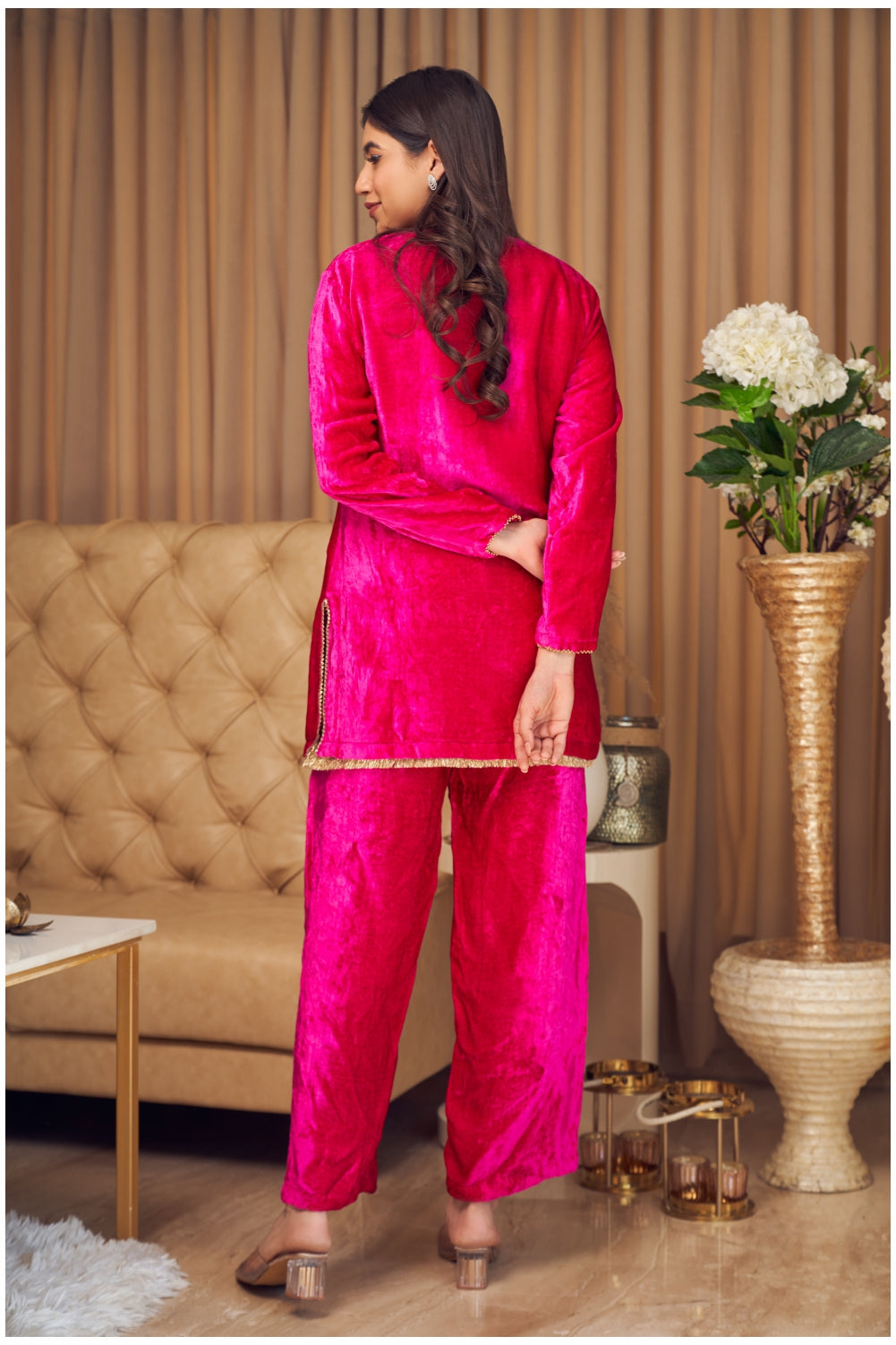 Hot Pink Velvet Straight Fit Kurti with Pants (7954974605558)