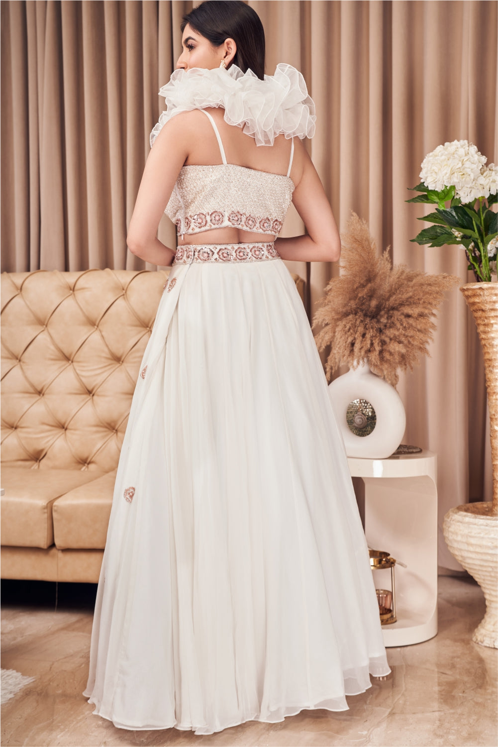 White Embellished Skirt Set With Ruffles Detailing (7971333275894)