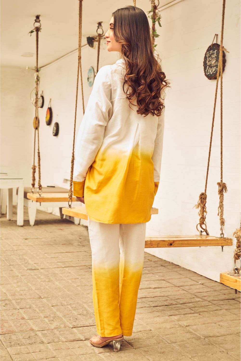 Boho White And Yellow Ombre Oversized Shirt With Pants (8007390363894)