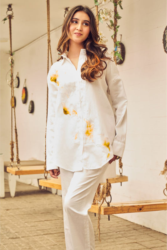 Boho White Cotton Oversized Patch Work Shirt With Pants (8007390789878)