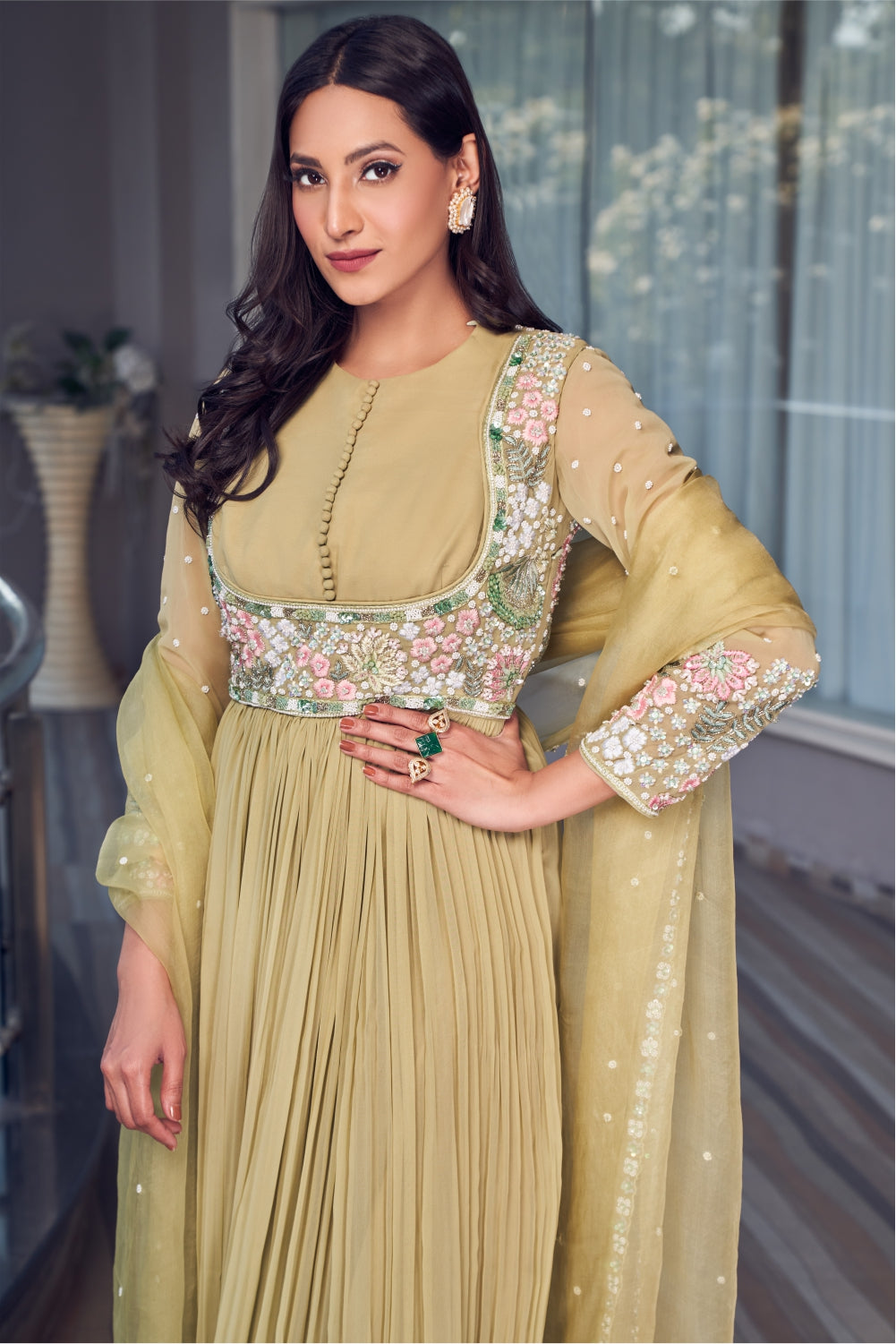 Mint Green Embroidered Anarkali With Dupatta (7962179436790)