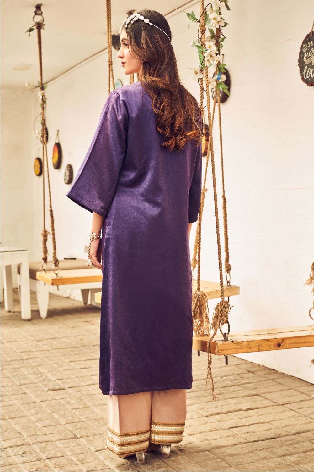 Boho Purple Flamingo Embroidered Kurti With Pants (8007392067830)