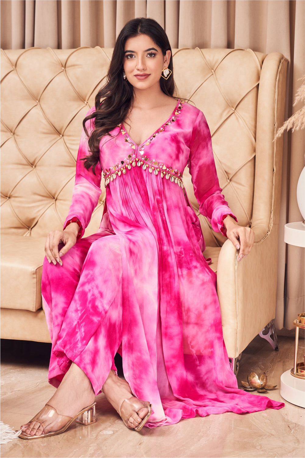 Pink Tie Dye Straight Fit Kurti with Pants (7971344941302)