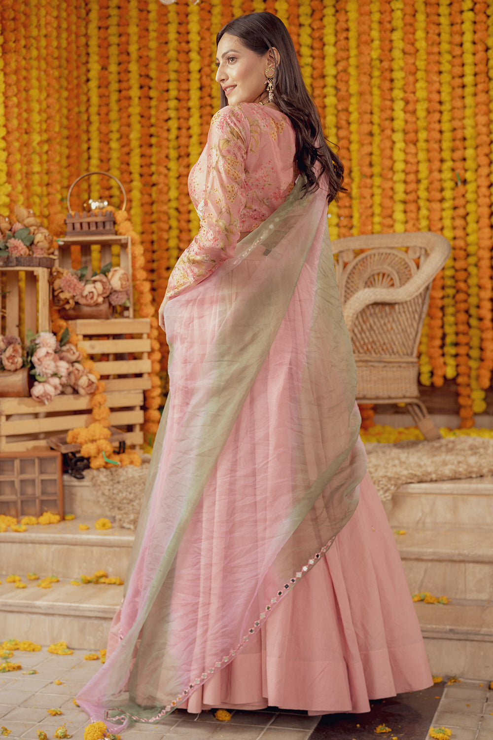 PINK FLORAL PRINT EMBELLISHED LEHENGA SET (7759057060086)