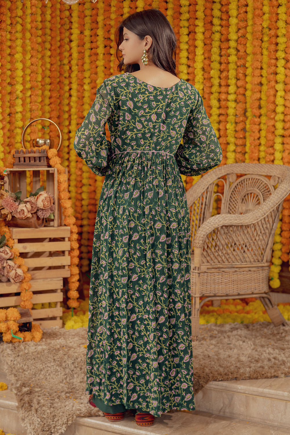 EMERALD GREEN FLORAL PRINT FIT AND FLARE DRESS (7759091073270)